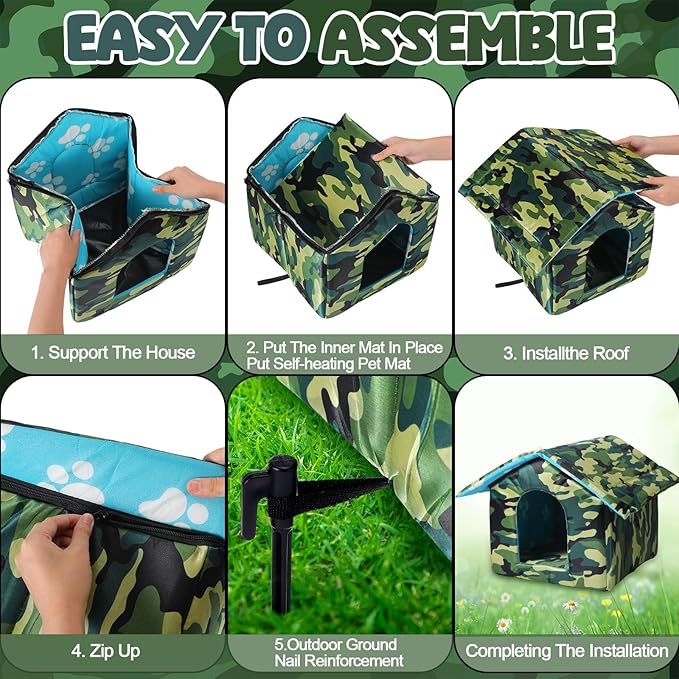 18" x 17" x 16" Outdoor Cat House for Winter Weatherproof Feral Pet Shelter for Cats Dog Collapsible Green Camouflage Pet House Outside with Self Warming Pad Blanket 3 Tent Stake(L Size)