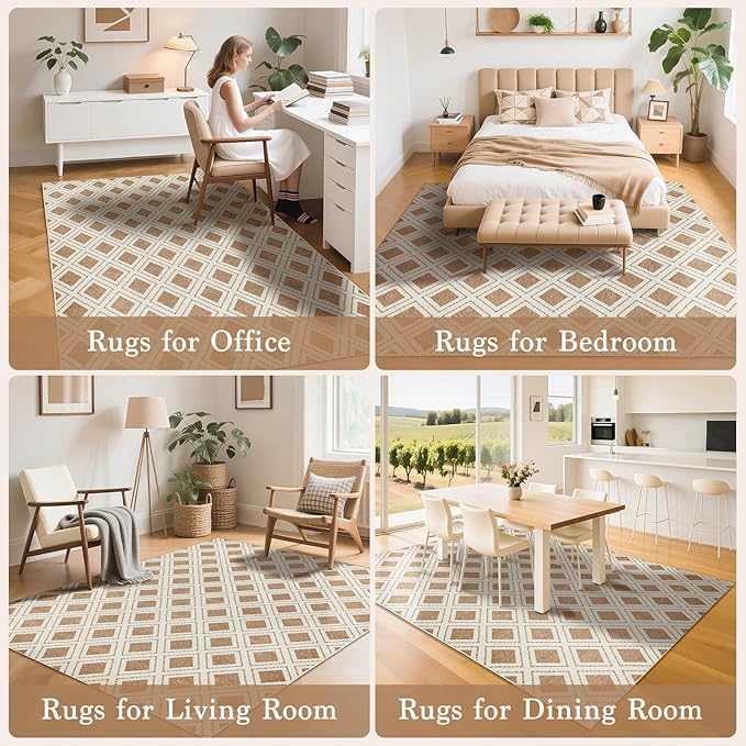 LBRO2M Checkered Rug 5X7 Washable Rugs for Living Room Bedroom Non Slip Rugs Easy Clean, Soft Low Piles Stain Resistant Carpet Geometric Area Rug Great for Pets and Family (5'X7' Brown)