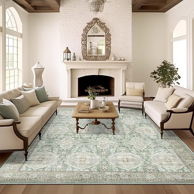 8x10 Area Rugs, Washable Rugs, Large Stain Resistant Area Rug for Living Room Bedroom Dining Room, Vintage Farmhouse Rug Green