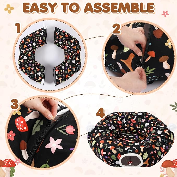 Aliceset Mushroom Spring Cat Tunnel Bed for Indoor Cats 3ft x 3ft x 10in Foldable Cat Donut Tunnel with Washable Cushion Mushroom Pet Peekaboo Cave Toy for Small Kitten Kitty