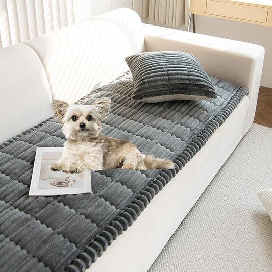 Faux Fur Plush Dog Couch Cover 3D Stripe Fuzzy Sofa Cover Non-Slip Fluffy Dog Bed Cover Pet Blanket Sofa Couch Furniture Protector for Puppy Large Dog Cat (Dark Grey,35"x82")