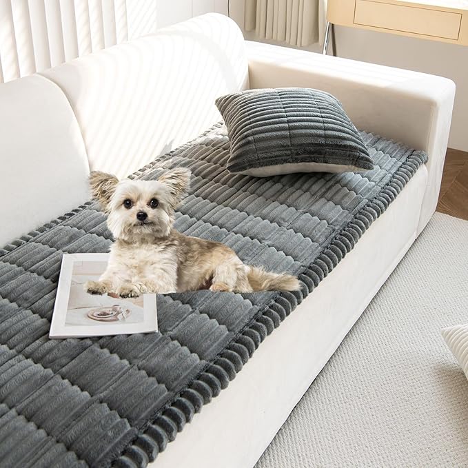 Faux Fur Plush Dog Couch Cover 3D Stripe Fuzzy Sofa Cover Non-Slip Fluffy Dog Bed Cover Pet Blanket Sofa Couch Furniture Protector for Puppy Large Dog Cat (Dark Grey,31"x70")