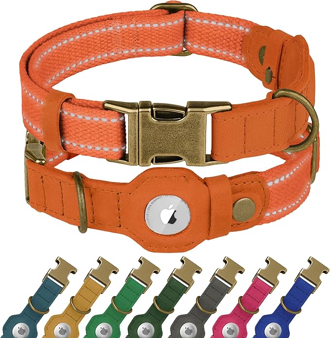 Reflective Leather Dog Collar with AirTag Holder - Soft Apple Airtag Dog Collar with Metal Buckle - Safety Cotton Pet Collars for Dogs Small Large Dogs Puppy (Orange, XL, 20"-25")