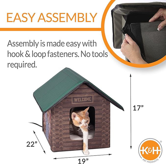 K&H Pet Products Heated Outdoor Cat House for Outside Pets in Winter, Weatherproof Outdoor House for Ferals, Insulated Kitty Shelter, 2 Doors, Waterproof Heated Cat Bed, Safety Listed - Log Cabin 20W
