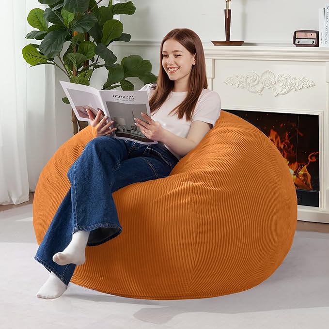 Homguava 4FT Bean Bag Chair for Adults,Teardrop Bean Bags Big Beanbag Chair with Memory Foam Filled and Ultra Soft Removable Corduroy Cover for Living Room, Bedroom(Orange)