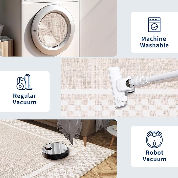 4ft Washable Round Rug for Entryway Modern Checkered Bedroom Circle Rug Non Slip Soft Dining Room Round Throw Carpet Small Stain Resistant Border Round Rugs for Living Room Kitchen Bathroom, Beige