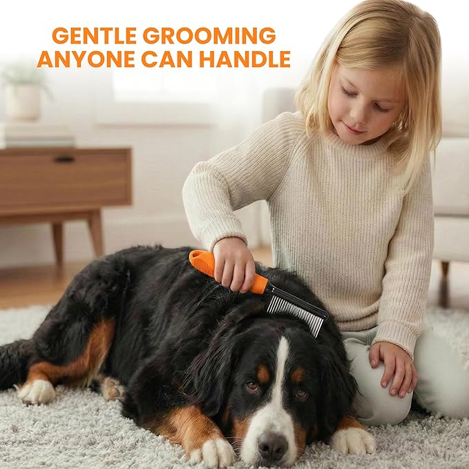 Poodle Grooming Comb - Metal Dematting Comb with Long & Short Stainless Steel Teeth for Removing Matted Hair & Knots, Safe and Gentle for Dogs & Cats (Orange)