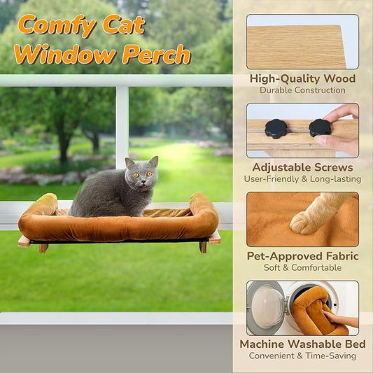 [Ready to Gift] PURRHOUSE 45LBS Cat Window Perch with Bolster, Hammock Seat with Plywood & Metal Frame, Cat Bed for Windowsill, Bedside and Cabinet (Natural Wood & Brown Cushion, 24.8''W x 9.4''H)