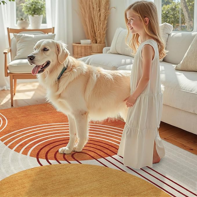 DCX Abstract Machine Washable 2x3Rug, Mid Century Modern Rug for Living Room, Soft Low Pile Non Slip Carpet, Kid & Pet Friendly Stain Resistant Rug for Bedroom Dining Room Office, Orange & Yellow