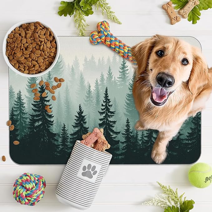 Misty Forest Pet Feeding Mat,Absorbent Quick-Dry Cat Dog Food and Water Bowl Mats,Non-Slip Rubber Backing Mat,Cat Dog Accessories Supplies 16"x24"