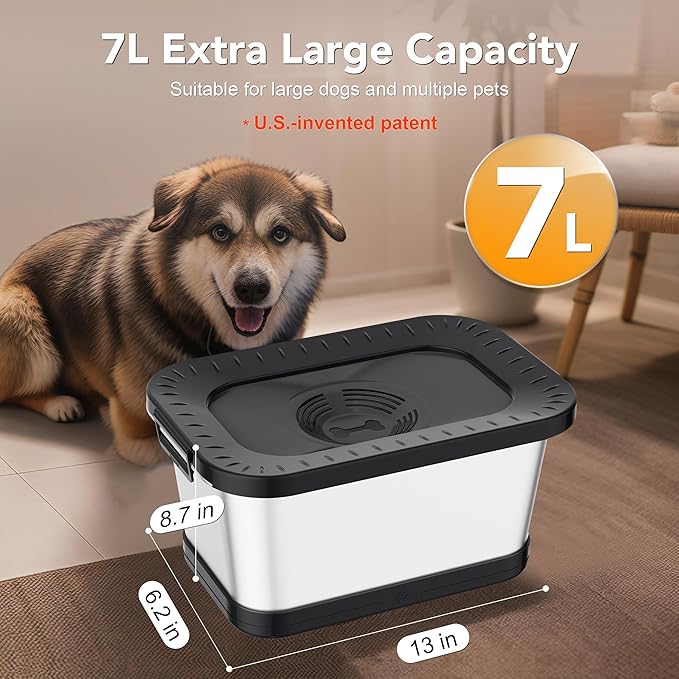 Decflow 7L Stainless Steel Dog Water Bowl, No Spill Anti-Splash Dog Bowls with Anti-Skid Mat, Spill-Proof Slow Feeder for Messy Drinkers, Heavy Duty Pet Bowls for Indoor/Outdoor Use Black