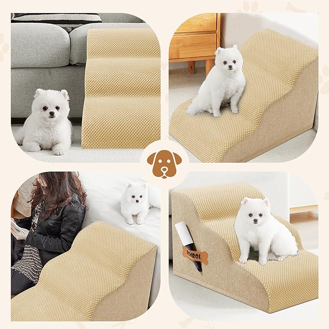 Romrol Dog Stairs Ramp for Beds Couches, Extra Wide Pet Steps with Durable Non-Slip Waterproof Fabric Cover, Dog Slope Stairs for Small Dogs and Cats or Pets Friendly, 3-Tiers, 13 Inch,Beige