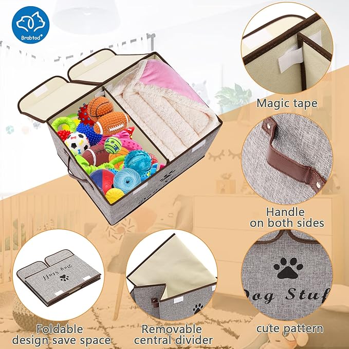 Large Dog Toys Storage Box Canvas Storage Basket Bin Organizer with Lid - Collapsible Linen Bin Ideal for Organizing Dog Cat Toys and pet Stuff-PP Boad-17" x 12" x 10" - Gray