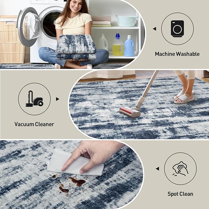 5x7 Area Rugs Washable Rug: Modern Abstract Living Room Rug Soft Anti-Skid Thin Carpet Indoor Floor Non-Shedding Carpets for Bedroom Dining Room Farmhouse Nursery Home Office Blue Grey