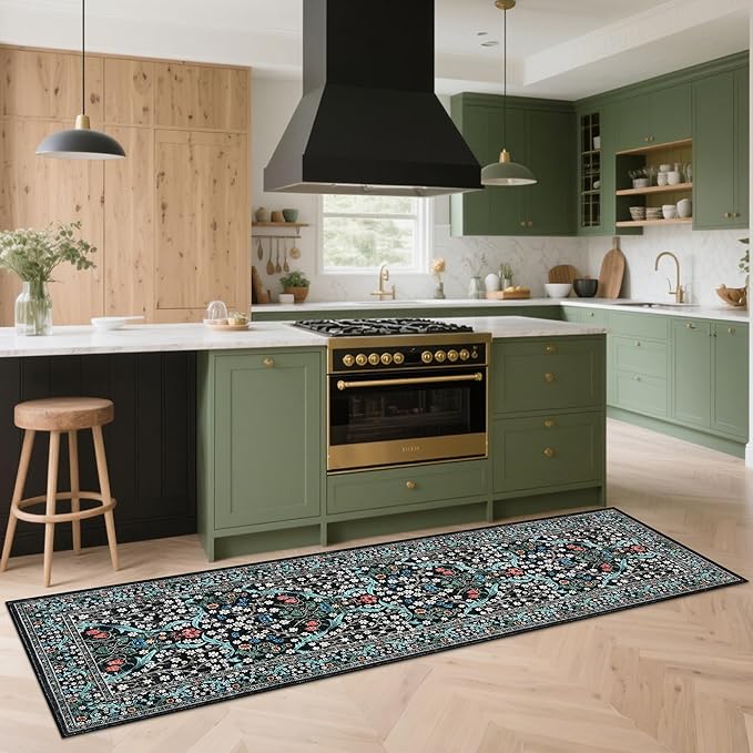 GarveeHome Floral Hallway Runner Rug, 2.5x8 Kitchen Runner Rugs, Washable Non Slip Entryway Rugs Indoor, Ultra-Thin Stain Resistant Carpet Floor Mat for Laundry Room, Black