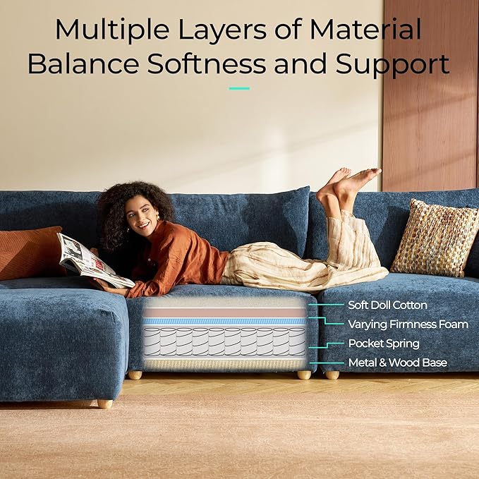 LINSY HOME Cloud Couch Sectional, Modular Sofa Sectionals for Living Room Bedroom, 91" L Shape Love Seat Couch with Ottoman, 2 Seater Deep Seat Cozy Couch Luxury Chenille Sofas, Blue