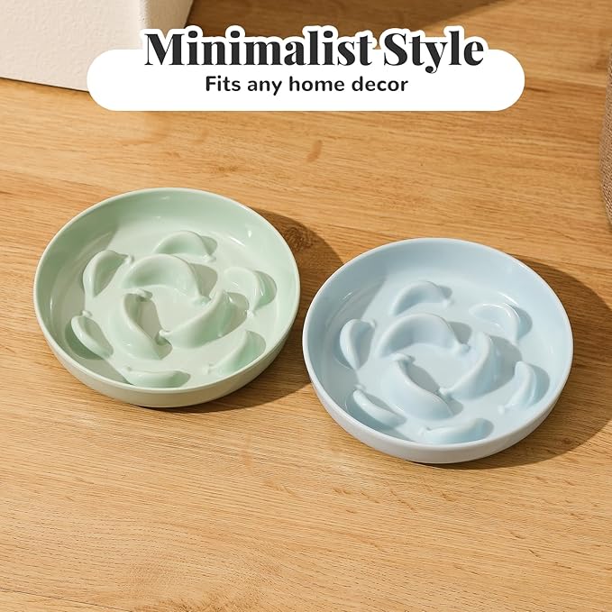 Melamine Slow Feeder Cat Bowls - Set of 3 Cat Food Dishes - Fun Maze Design for Slow Feeding - Dishwasher Safe - White, Blue, Green
