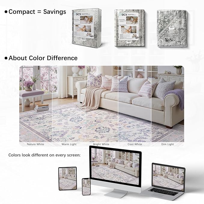 DCX Purple Floral 8x10 Area Rugs for Living Room, Machine Washable Large Soft Boho Non-Slip Botanical Rug for Bedroom Dinning Room Kitchen Flowers Playroom Nursery Carpets