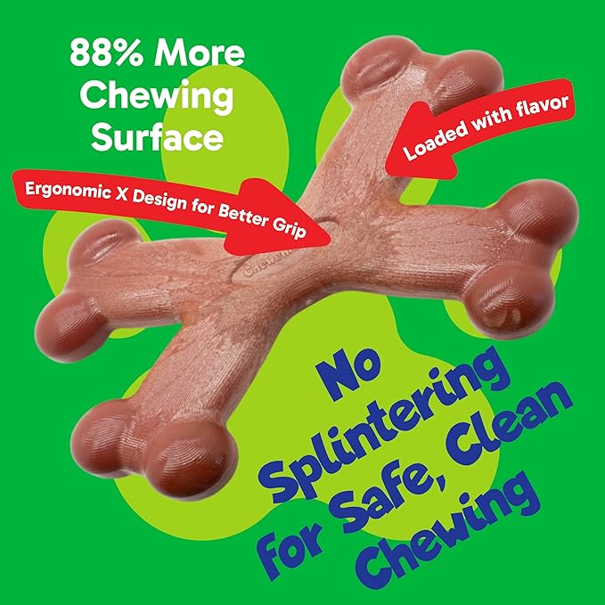 Chew’ems X Bone Dog Chew – Long-Lasting Bacon Flavor Treats for Aggressive Chewers – Rawhide-Free, Durable Dental Chews – Large Size