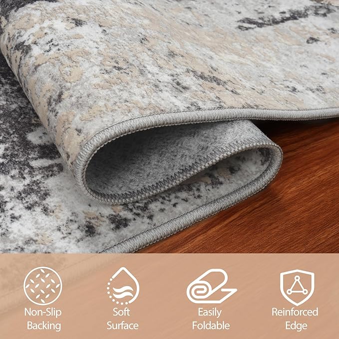 4x6 Area Rugs for Living Room Rug Washable: Abstract Rug for Dining Room Bedroom Carpet Non Slip 4 by 6 Indoor Modern Nursery Home Office Black Grey Gold
