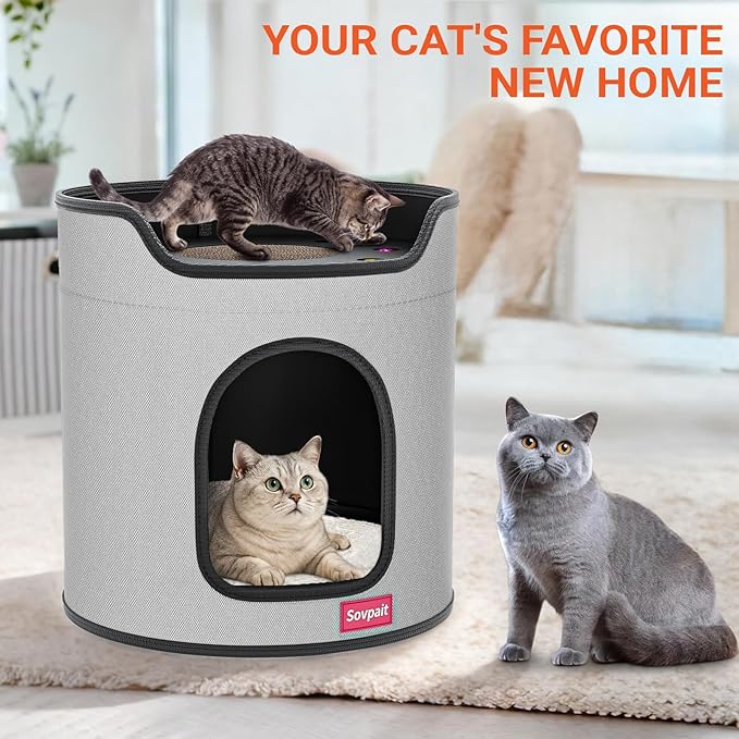 Cat House for Indoor Cats,Large Double Cat Beds Cave with Cat Scratcher Pad Toys w/Catnip,Soft Washable Cushion Cat House Shelter D15xH15in (Classy Grey Cardboard Cat Scratcher)