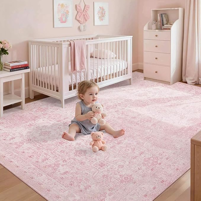 Pink Rug for Living Room Bedroom, 5x7 Area Rugs Washable Vintage Floral Retro Boho Non Slip & Low Pile Nursery Carpet for Indoor Girls Kids Room, Classroom, Dorm, Playroom and Dining Room