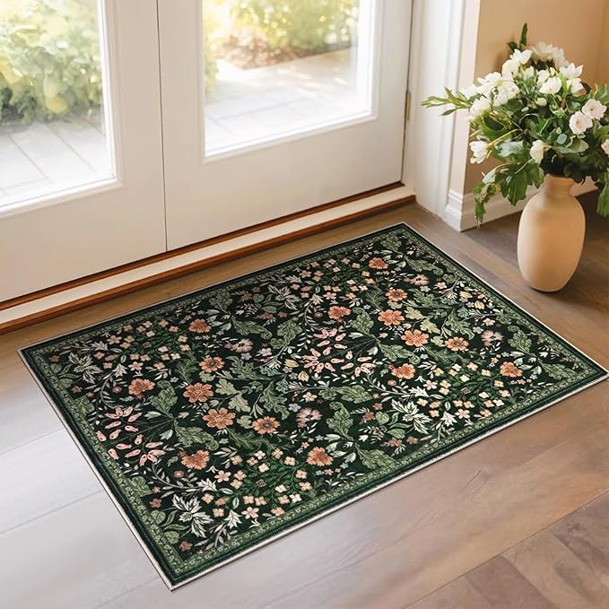 Floral Entryway Washable Rug: 2x3 Soft Low Pile Thin Indoor Front Door Mat, Non Slip Stain Resistant Vintage Flower Boho Accent Small Rugs for Bedroom, Kitchen, Bathroom, Nursery Entrance - Black