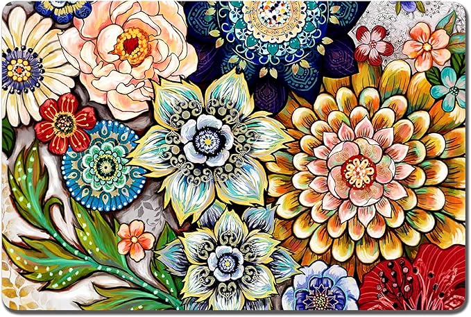 Rnivvi Dog Food Mat, 16" x 24" Flower Absorbent Dog Cat Bowl Mat for Food and Water, Cute Anti-Slip Rubber Pet Feeding Rug Protect Floors, Puppy Placemat for Feeding & Watering Supplies,Mandala Floral