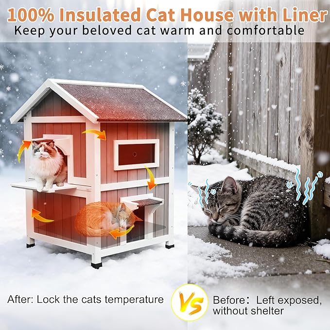 Rockever 100% Insulated Cat House with Insulated Liner, Waterproof Cat House for Outdoor Cats in Winter, Feral Cat Shelter for Outdoor Use with Escape Door