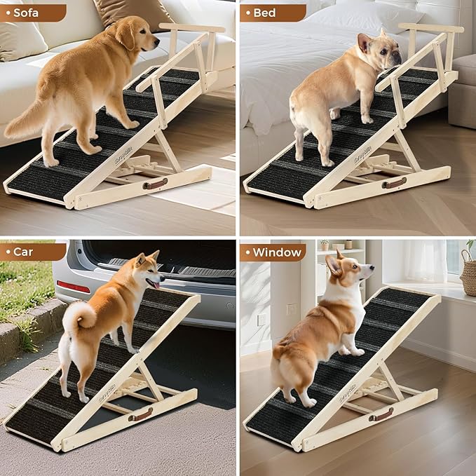 Dog Ramp for Bed - Foldable Small to Large Dog Ramp for Couch - 7 Adjustable Height from 11" to 27" - Stairs with High Traction Mat - Wooden Portable Ramp for Dogs to Get on Bed Couch Car Up to 200LBS