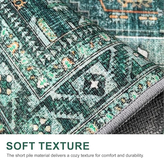 Bavni Washable Rug 6x9 Area Rug for Living Room Bedroom Dining, Washable Vintage Print Carpet, Ultra-Thin Chenille Low Pile Lightweight Rug with Non Slip Backing, Dark Green