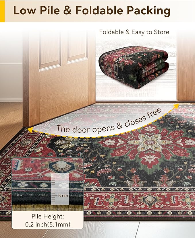 Area Rugs 2'x3' Kitchen Rugs Entry Rug Small Rugs for Entryway Kitchen Bathroom Door Mat Indoor Entrance,Washable Non Slip, Red Black