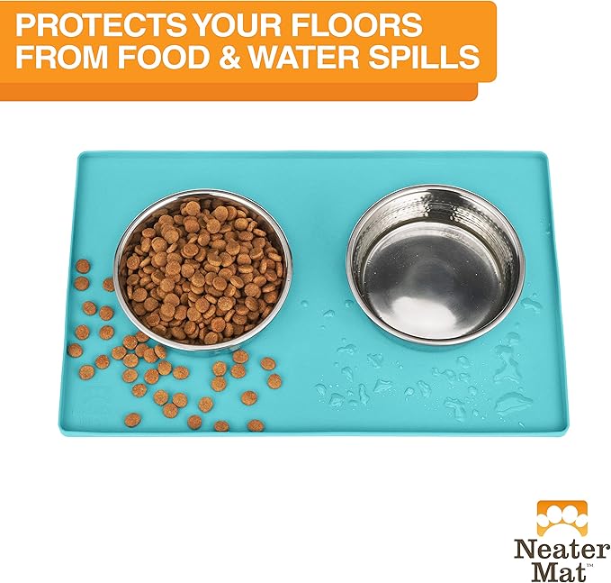 Neater Pet Brands Neater Mat Pet Mats for Food and Water, Cat & Dog Bowl Mat Waterproof Silicone, Feeding Tray, Dog Food Mats for Floors, Placemat w/Raised Edge for Under Bowls, 19” x 12”, Aquamarine