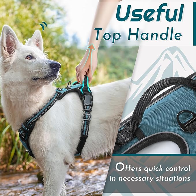 Eagloo Dog Harness for Large Dogs, No Pull Service Vest with Reflective Strips and Control Handle, Adjustable and Comfortable for Easy Walking, No Choke Pet Harness with 2 Metal Rings, Dark Green, L
