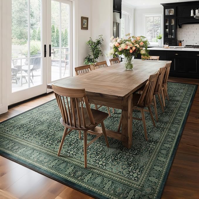Dark Green Vintage Living Room Rug 9x12, Boho Floral Moroccan Pattern Printed Large Area Rugs for Bedroom, Washable Non Slip Low Pile Thin Carpet Rug for Dining Room Under Table