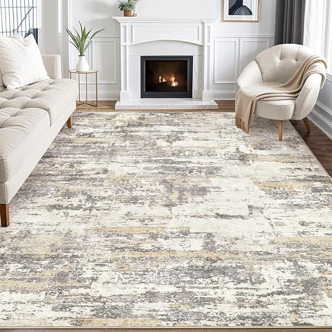 Area Rugs for Living Room: Abstract Washable Rug Modern Neutral Large Soft Stain Resistant Non-Slip Backing Machine Table for Bedroom Dining Room Indoor Home Office Carpet - 10x12 Gold Brown