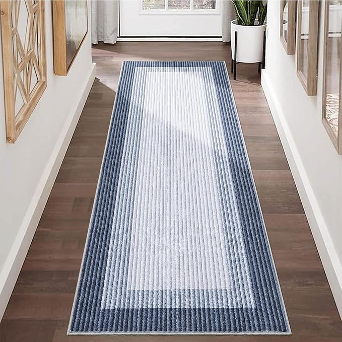 GarveeHome Entryway Bathroom Rug 2x6 Runner Modern Bordered Washable Rug 2x6 Runner Kitchen Rug for Hallway Non-Slip Low-Pile Soft Runner Carpet for Bedroom Laundry Room 2x6 Blue