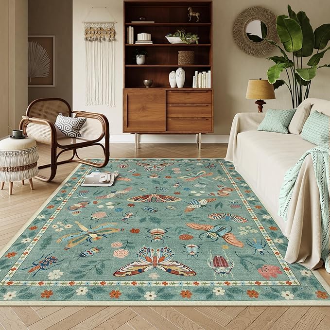 Lahome Insect Washable Rugs for Living Room, Soft 6x9 Area Rugs for Bedroom, Ultra-Thin Non Slip Green Area Rug Low Pile Stain Resistant Throw Carpet for Dining Room Office(6'x9',Green)