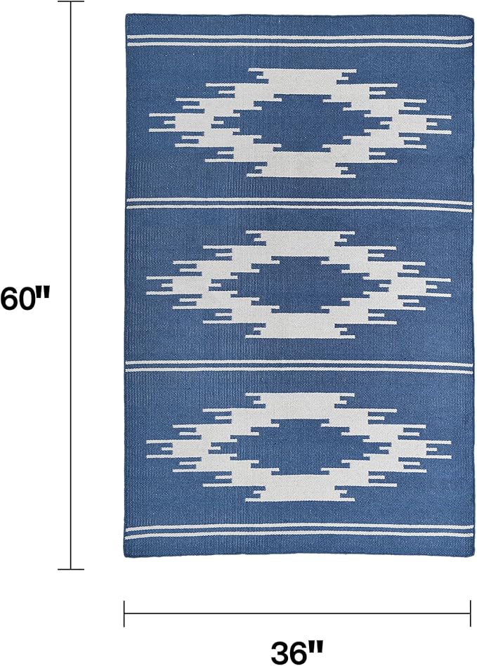 Fab Habitat Machine Washable Area Rug - Hand Woven, Stain Resistant, Pet Friendly, Reversible - Premium Recycled Polyester Yarn - Ikat - Kitchen, Bathroom,Laundry Room - Madison - Navy/Gray - 3 x 5 ft