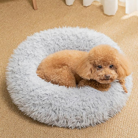 KHONSU PET Calming Donut Cat Bed for Cats & Kittens, Round Plush Cuddler with Chopped Memory Foam, Anti-Anxiety Bolster Support, Machine Washable & Non-Slip