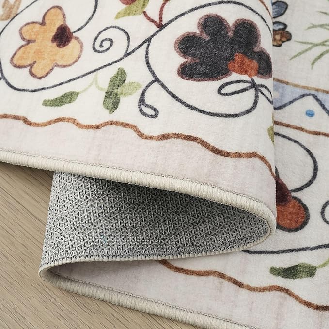 Rugcomf Area Rugs 8x10 Rug for Living Room Clearance Washable Boho Area Rug Non Slip Floral Animal Cat Vintage Low Pile Large Rug for Living Room Bedroom Farmhouse Dining Room Kids Playroom, Beige