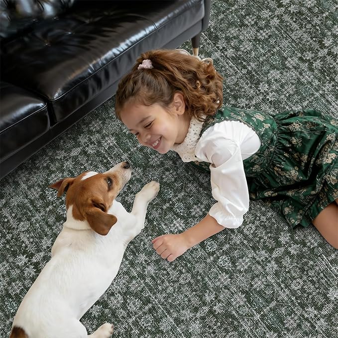 DCX 8x10 Neutral Rug, Kid & Pet Friendly with Rubber Back Non Slip, Machine Washable Stain Resistant Dark Blue and Green Floral Rug for Living Room, Bedroom, Soft Low Pile Large Nursery Carpet