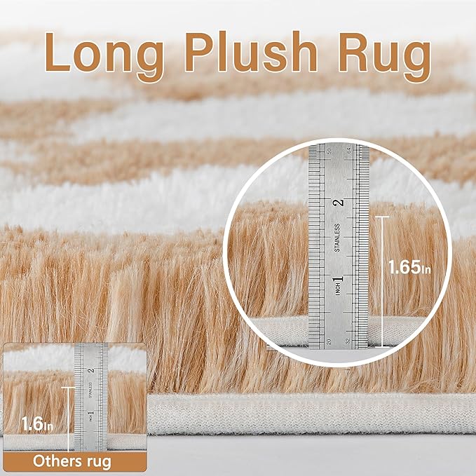 Checkered Rug 5x8 for Living Room, Brown and White Modern Shag Rugs Super Soft Washable Indoor Office Fuzzy Carpet Non-Slip Fluffy Rugs for Bedroom Home Aesthetic Decor