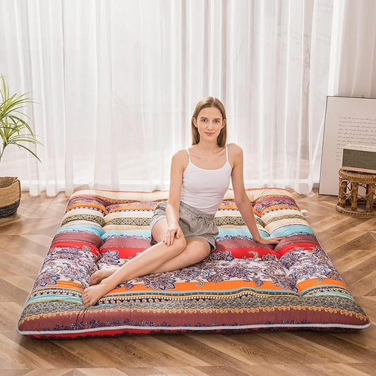 MAXYOYO Bohemian Retro Floor Mattress Vintage Floral Japanese Futon Mattress Roll Up Thicken Sleeping Bed Portable Camping Mattress Floor Lounger Couch Bed Mattress Pad, King Size