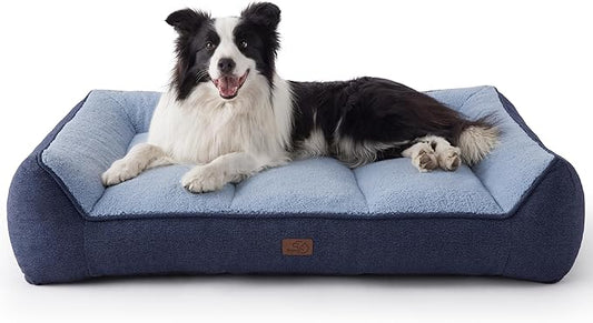 Bedsure SupportMax Orthopedic Dog Beds Large Sized Dog - Extra Thick Supportive Large Dogs Bed with Waterproof Washable Cover, L Plus Comfort Pet Sofa with Soft Sherpa and Nonskid Bottom, Blue, 38"