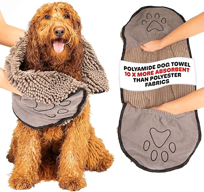 Dog Gone Smart The Dirty Dog Shammy - Fast Drying Plush Shammy Towel with Dual Hand Pockets and Elastic - Super Absorbent Microfiber and Machine Washable - 31×13 in, Grey