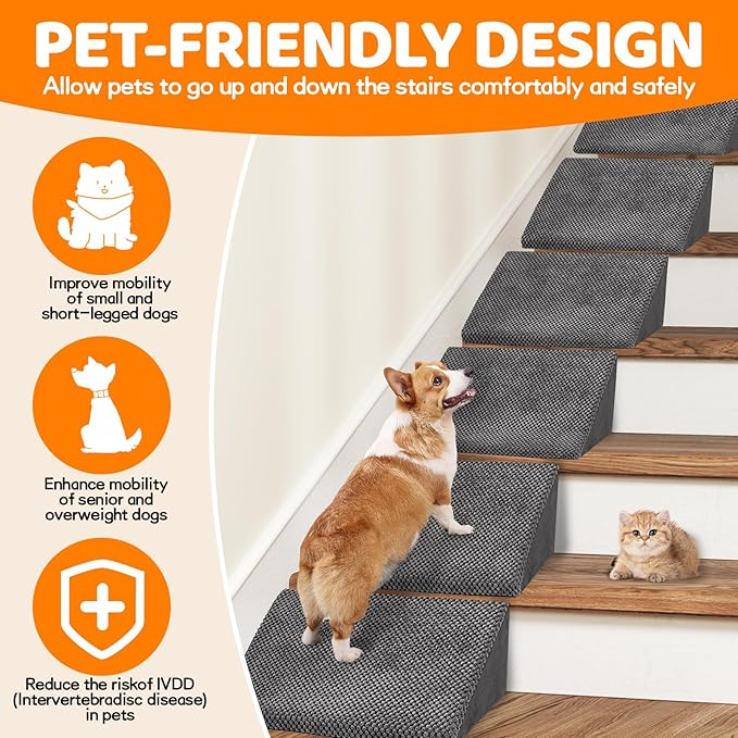 Update 40D Small Dog Steps/Stairs for Staircase, Foam Dog Pet Ramps for Small Dogs, Non-Slip Pet Ramps for Stairs Inside House, Stair Ramp for Injured Dogs Cats with Anti-Slip Strip, 6 Pack