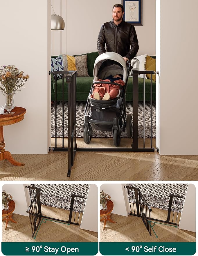 Babelio Upgraded Baby Gate with Cat Door, Auto Close Durable Dog Gate for Stairs, Doorways and House, Easy Walk Thru Safety Gate with Pet Door Includes 4 Wall Cups, 29-48" Wide, 30" Tall, Black
