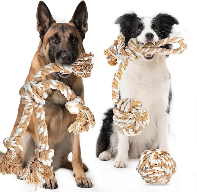 TwoEar Dog Rope Toys for Large Dogs - 3 Pack Indestructible Natural Cotton Rope Toys for Dogs Large/Medium Breeds - Tough Chew Tug of War Dog Toy for Boredom, Teeth Clean