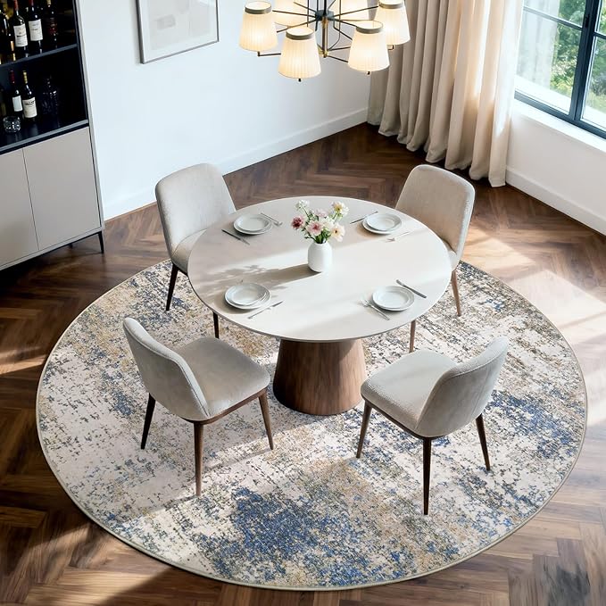 Area Rug Living Room Washable Rugs: 6x6 Modern Neutral Abstract Low Pile Non Slip Floor Carpet - Large Soft Thin Stain Resistant Rug for Bedroom Dining Indoor Office Home, Blue Brown